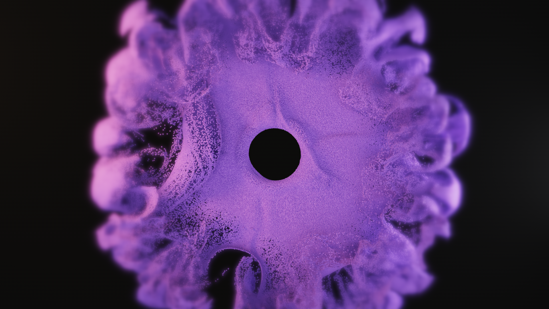 Wide shot of the particle form splitting open around a dark central aperture, evoking a portal opening