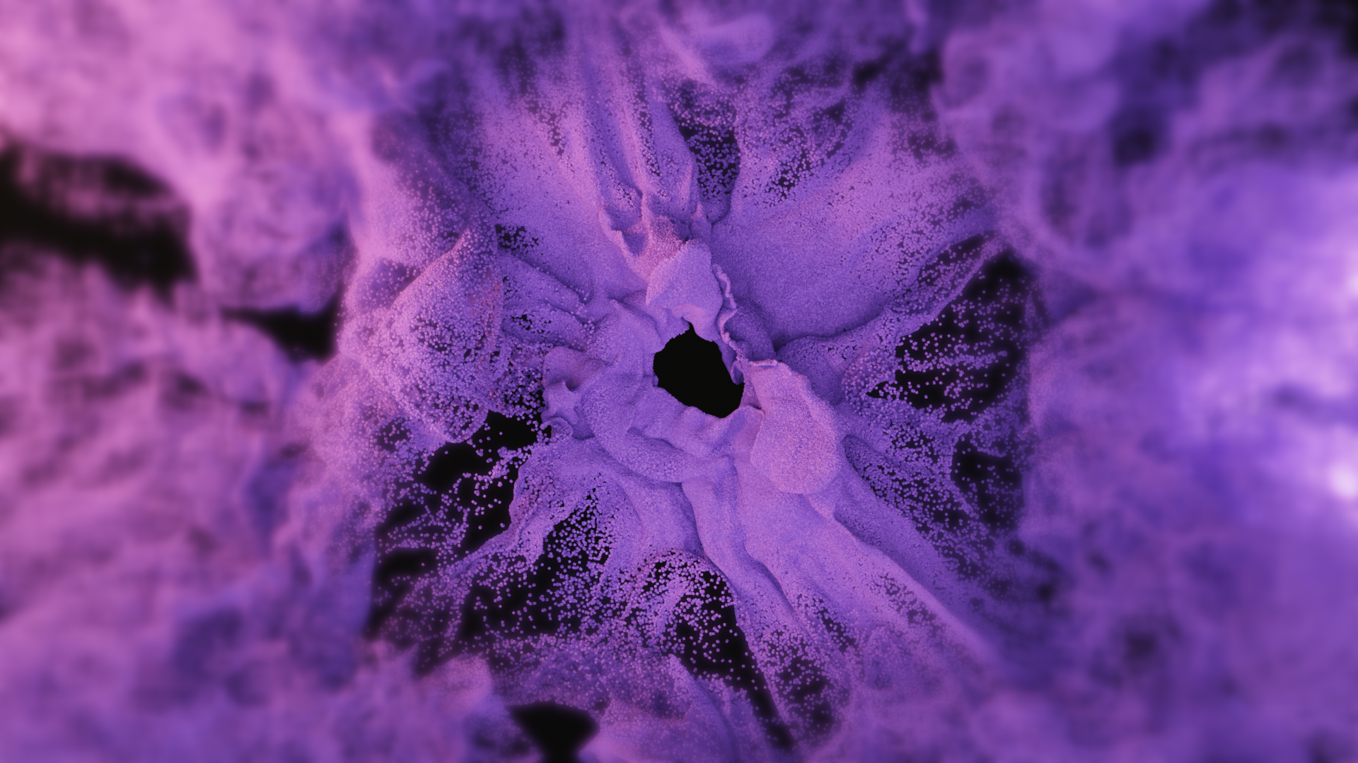 Wide camera mid-sequence, the particle portal fully unfurled and glowing violet