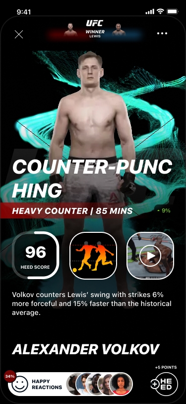 UFC moment card for Alexander Volkov showing a counter-punching read, scored 96