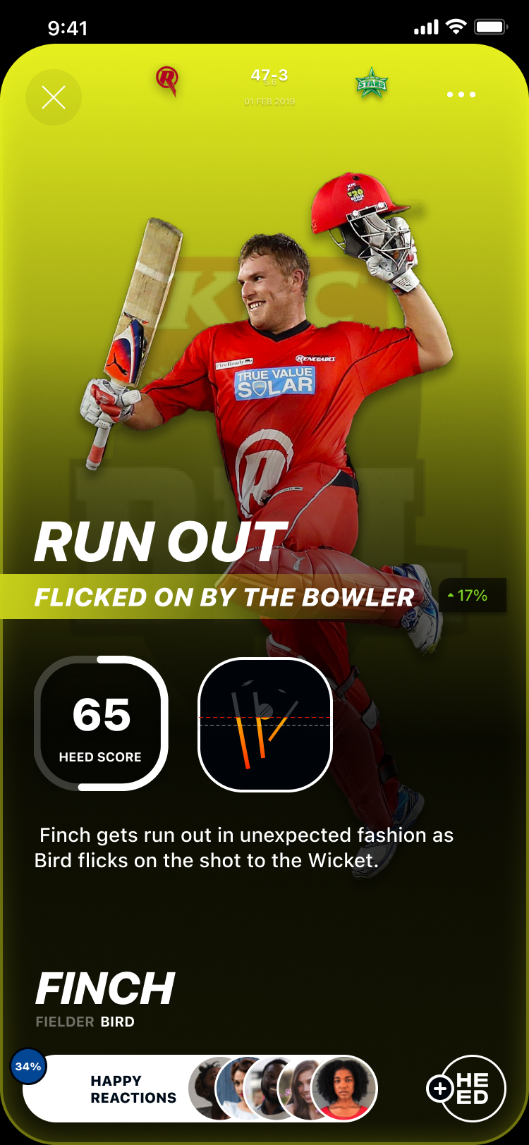 Cricket moment card for Finch showing a run out flicked on by the bowler, scored 65