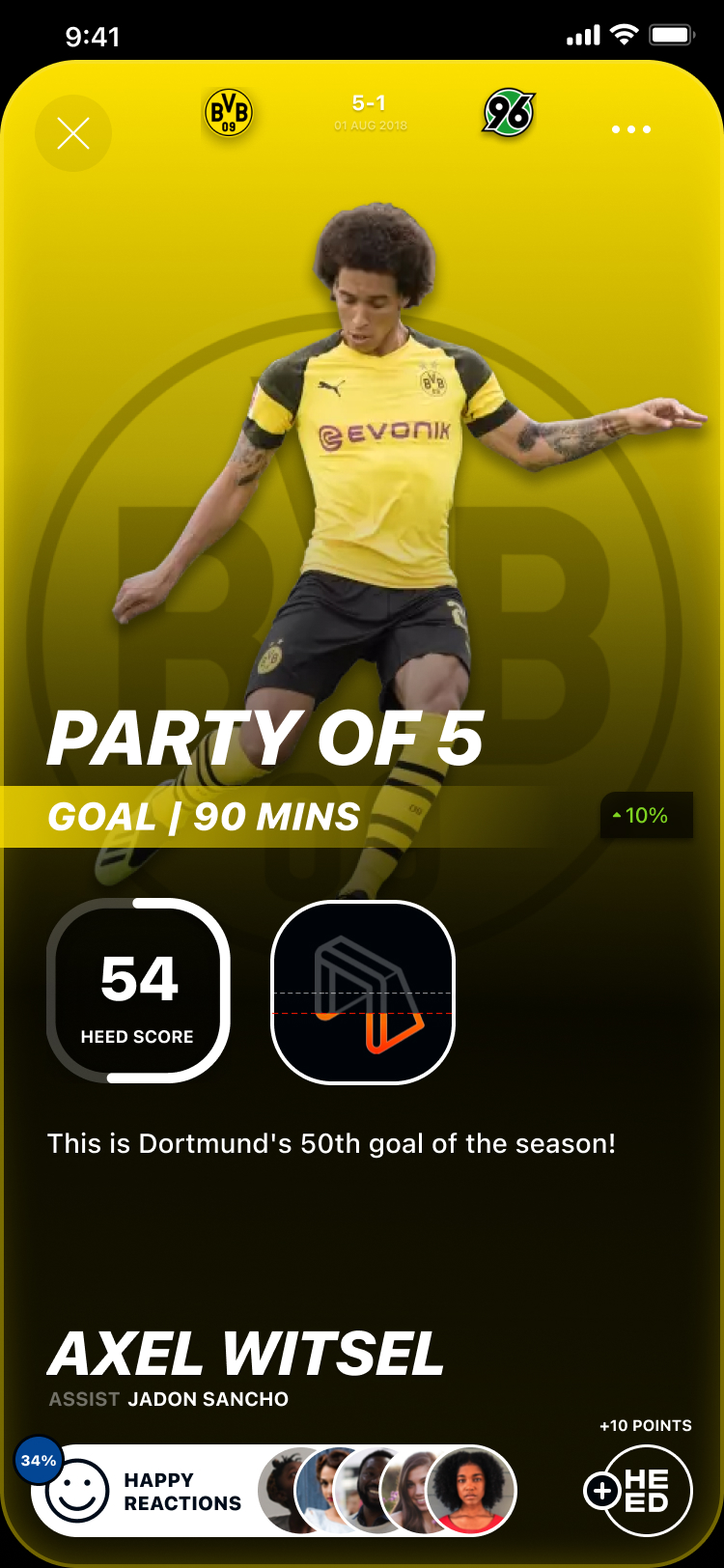 Bundesliga moment card for Axel Witsel showing a 90th minute goal for Dortmund, scored 54