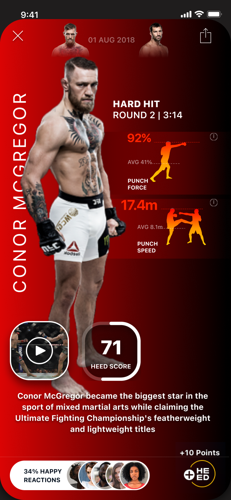 UFC moment card for Conor McGregor showing punch force and punch speed against the average, scored 71