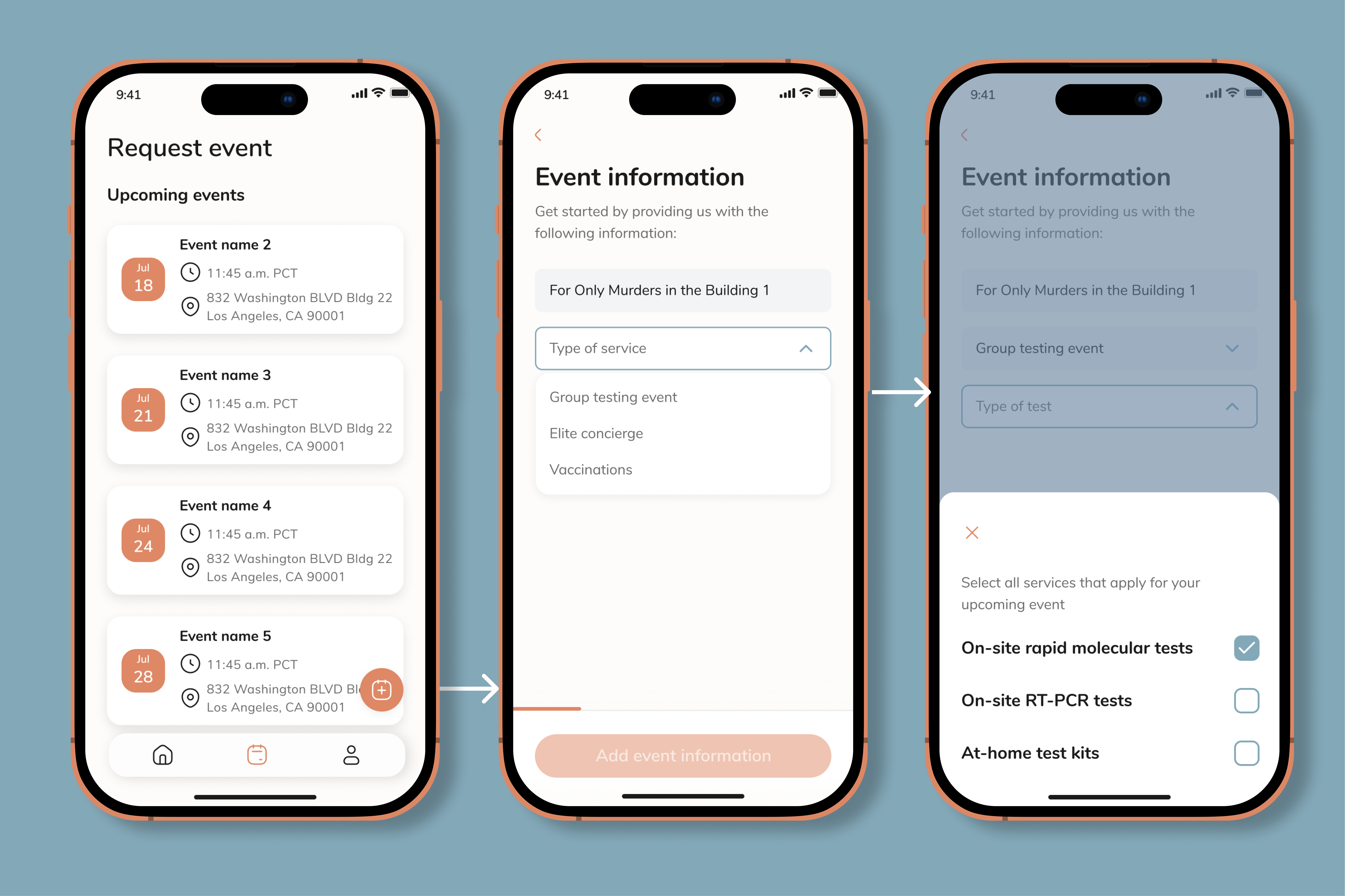 Lighthouse event coordination: request event, event information, and type of test selection