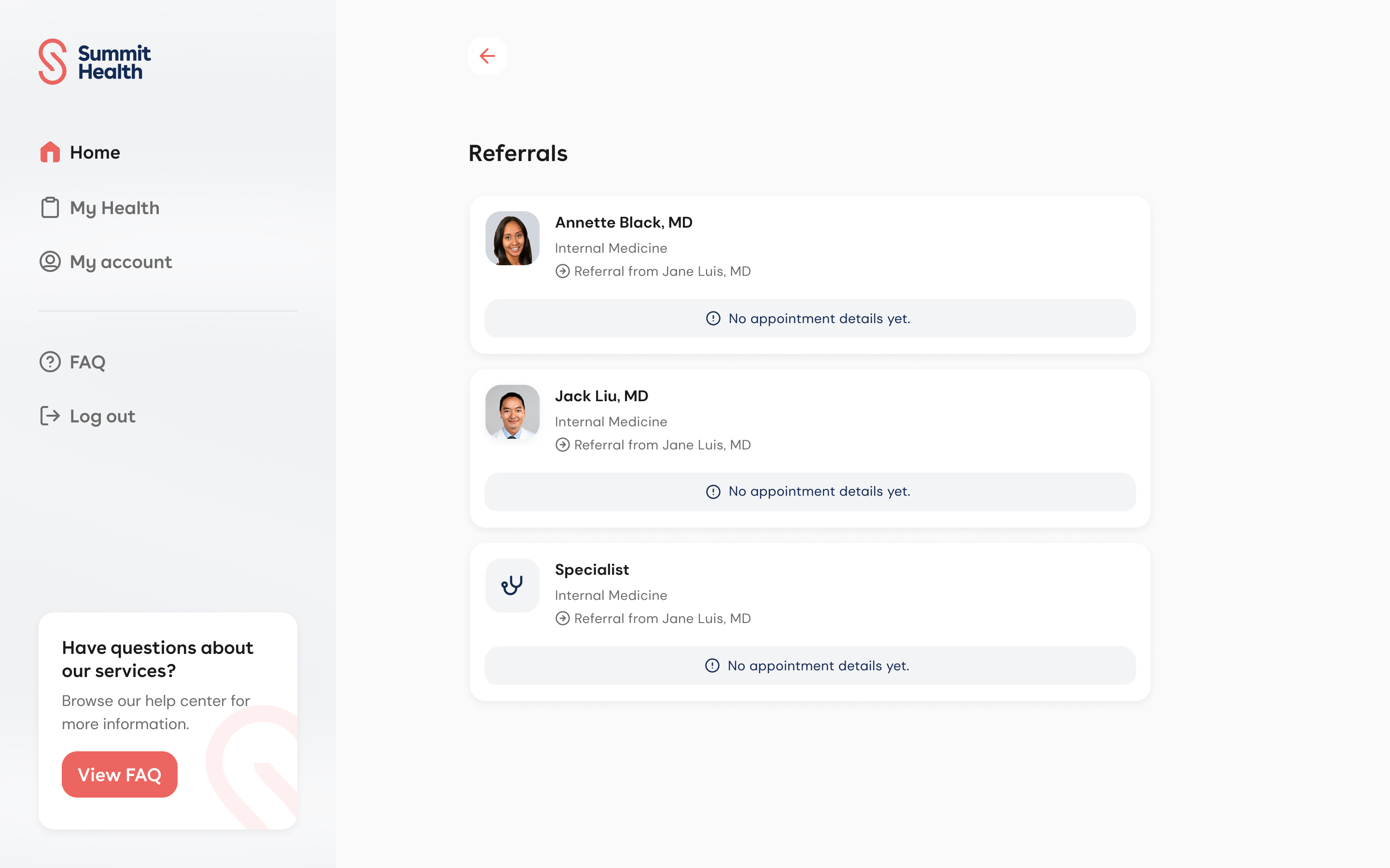 Summit Health web referrals list with provider cards and empty appointment states