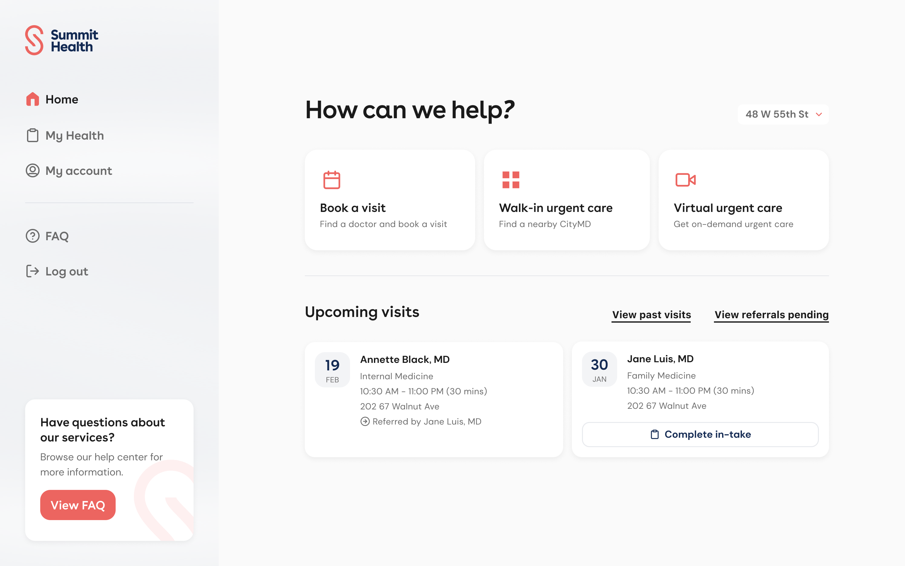 Summit Health web home with visit shortcuts, upcoming appointments, and pending referrals