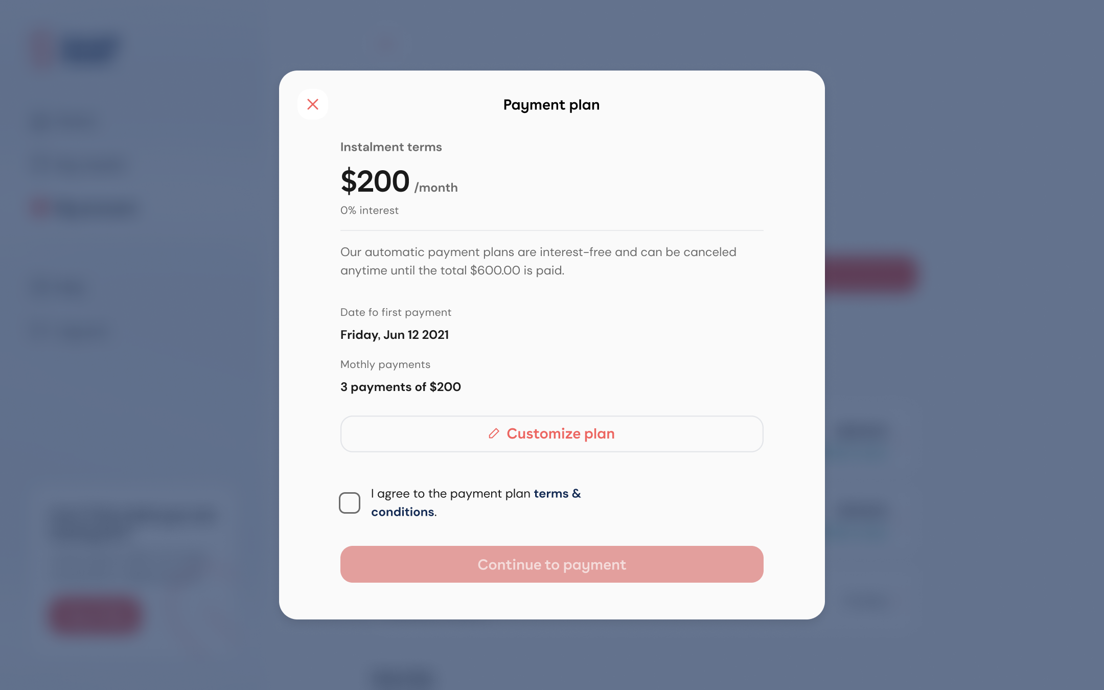 Summit Health payment plan modal with installment terms, checkbox, and continue button